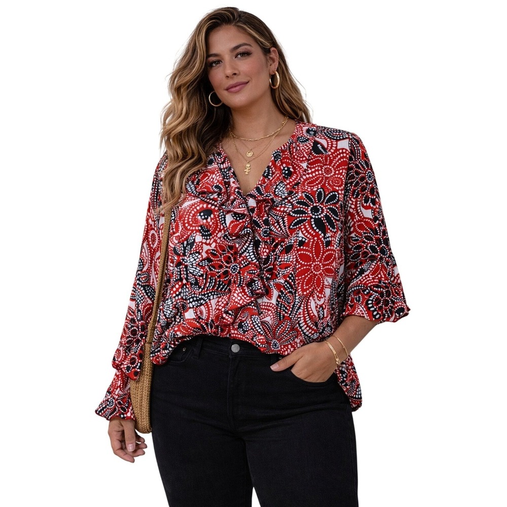 Conrad C Ruffle Blouse Womens Sz. 16 Red‎ Floral Print Long Sleeve Bell Cuff Top